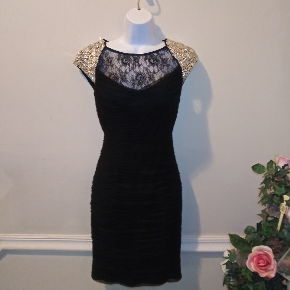 Jovani Sexy Black Rhinestone & Bead Studded Cap Sleeved Cocktail Dress - Picture 16 of 16